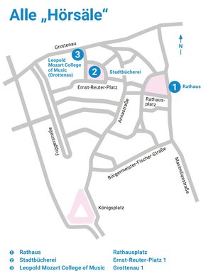 Vereinfachte Straßenkarte der Innenstadt. Eingezeichnet sind die drei Veranstaltungsorte Rathaus, Stadtbücherei und Leopold Mozart College of Music