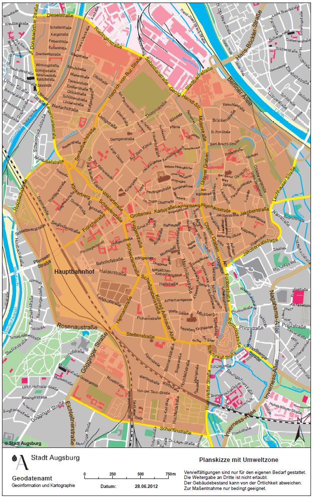 Stadtplan der Augsburger Innenstadt. Die Umweltzone ist orange markiert.