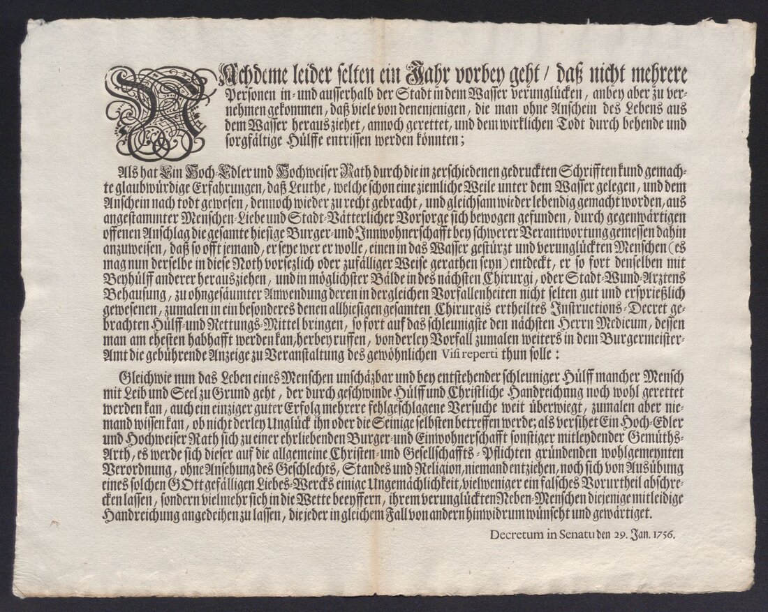 Dekret des Augsburger Rats zur Lebensrettung von Ertrinkenden; 29. Januar 1756; Druck, Papier, 35 cm h x 45 cm b; Stadtarchiv Augsburg, Dekretensammlung, Dubletten, Nr. 180.