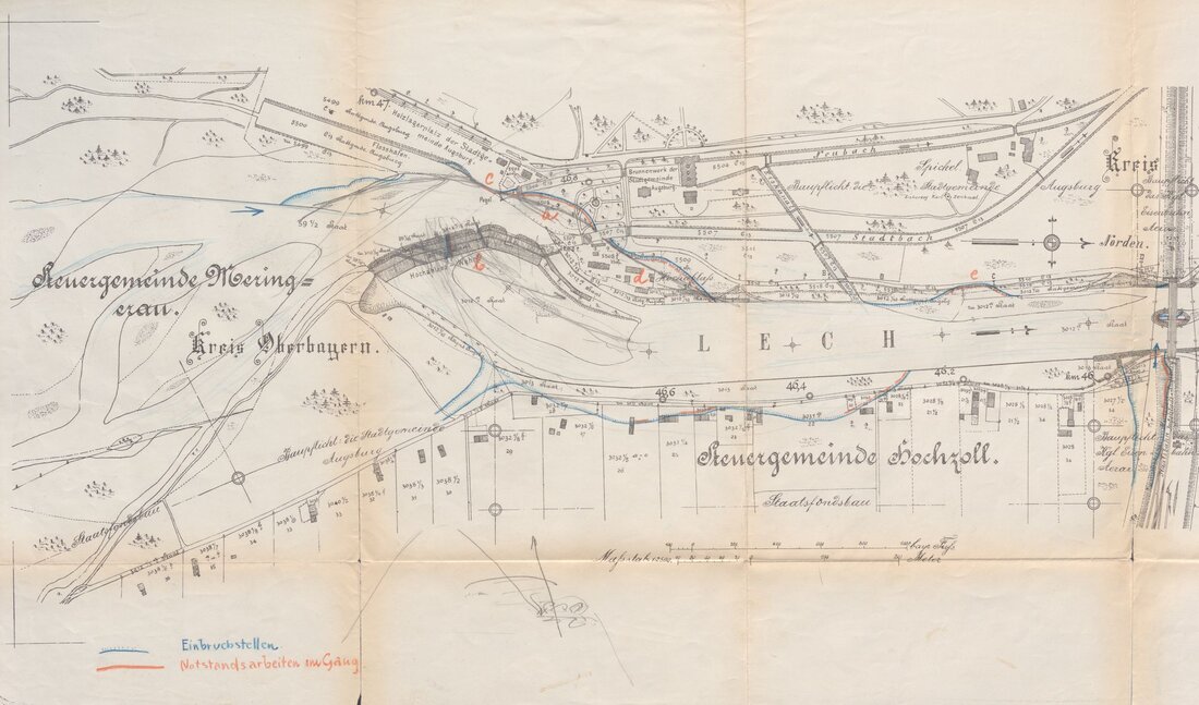 Übersichtsplan über die hochwassergeschädigten Uferregionen am Hochablass mit Einsatzgebieten der Notstandsarbeiten; 1. Juli 1907 (Nachträge: Juni 1910); Druck, Papier mit handschriftlichen farbigen Eintragungen, 38 cm h x 105,5 cm b; Stadtarchiv Augsburg, HAV, Aktengebiet 3 (Bauwesen) – Bestand 45, Nr. 702.
