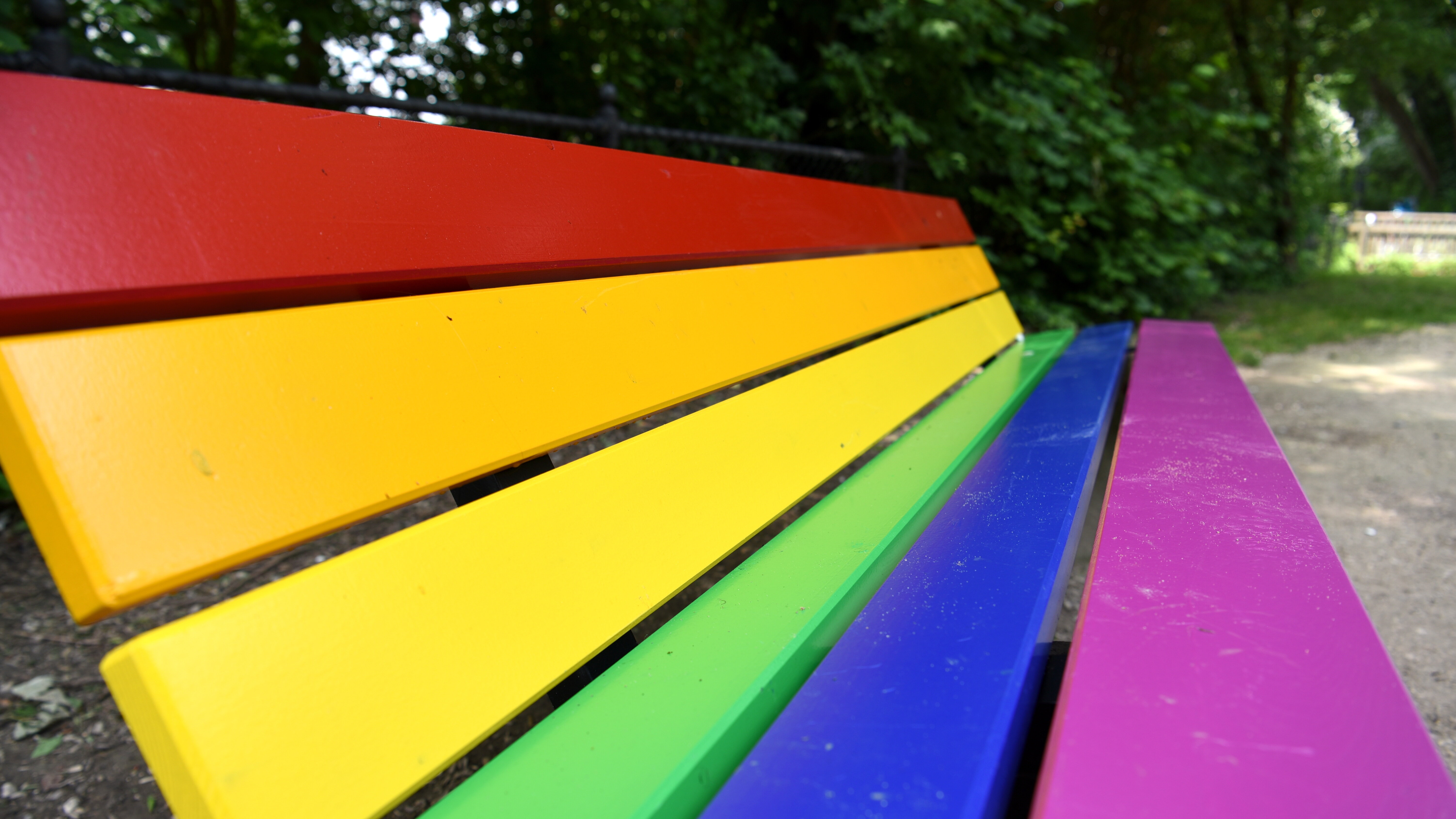 In einem Park steht eine Bank in Regenbogen-Farben