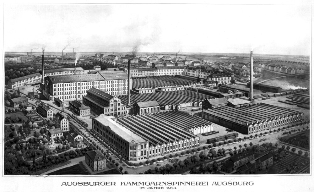 historische aufnahme der augsburger kammgarnspinnerei mit fabrikgebäuden und shed-hallen
