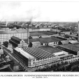 historische aufnahme der augsburger kammgarnspinnerei mit fabrikgebäuden und shed-hallen