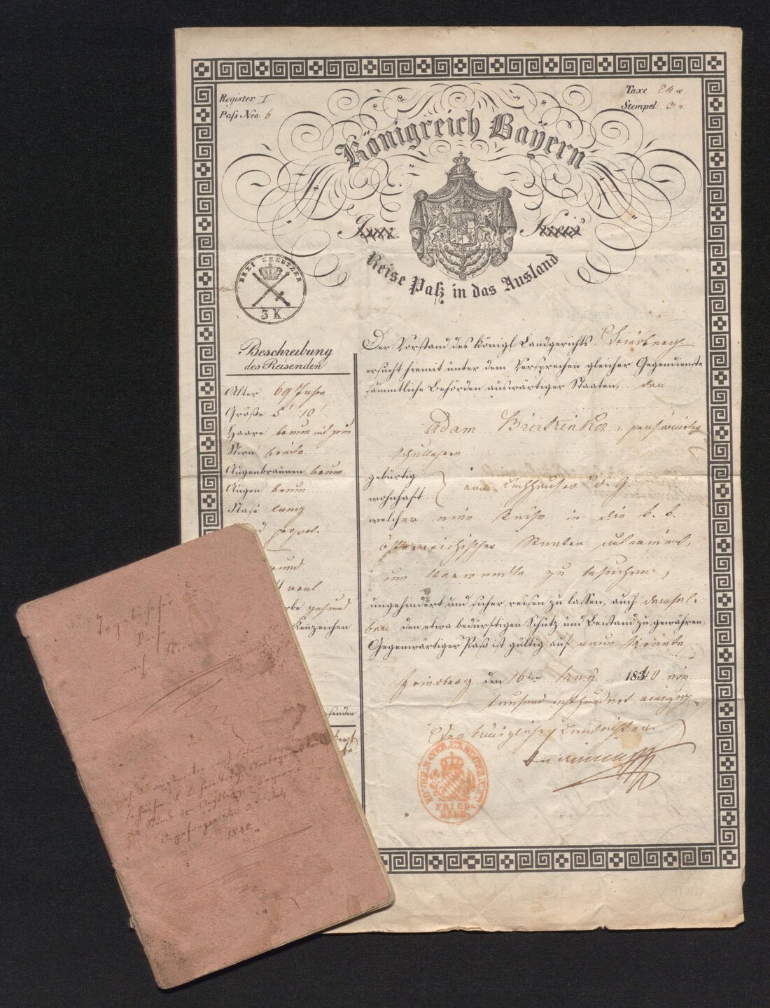 Reisepass und Tagebuch des Lechhausener „Floßtouristen“ Adam Biertrinker; 16. Mai 1840 u. 3. Juli – 13. August 1840; Papier, Druck, 35 cm h x 22 cm b u. Papier, braune Tinte, geheftet, 32 S., 16 cm h x 10 cm b; Stadtarchiv Augsburg, Bestand 19, Nr. 9.