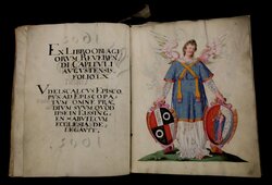 Auf fol. 3r filigrane, bildliche Darstellung eines blau-weiß-gold gewandeten, auf einer grünen Anhöhe stehenden Engels mit Blumenschmuck im Haar, mit der Rechten den Wappenschild der Jesuiten, mit der linken den Wappenschild des Bischofs haltend;
