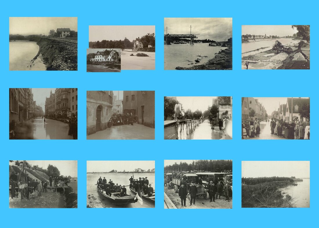 Fotodokumente der Hochwasserkatastrophe 1910; Foto 1–4: Aufnahmen der Schäden am Hochablass, im Uferbereich des Lechs bei Lechhausen und bei der Hochzoller Lechbrücke; Foto 5 – 8: Überschwemmungen in der Augsbuger Innenstadt (Jakoberstraße, Wämstlergässchen) und in Lechhausen; Foto 9 – 12: Einsatz des bayerischen Militärs bei Ufersicherungsarbeiten; Juni/Juli 1910; Fotografien, schwarzweiß, Papierabzüge, diverse Formate; Stadtarchiv Augsburg, FS FA B 16145, B 16147, B 16153, B 16158, B 16193, C 12222, C 12223, D 1084, 1094, 1096; Stadtarchiv Augsburg, HAV, Aktengebiet 3 (Bauwesen) – Bestand 45, Nr. 702.