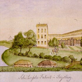 Aquarellzeichnung der schüleschen kattunfabrik, einem u-förmigen dreistöckigen bau mit vergittertem innenhof