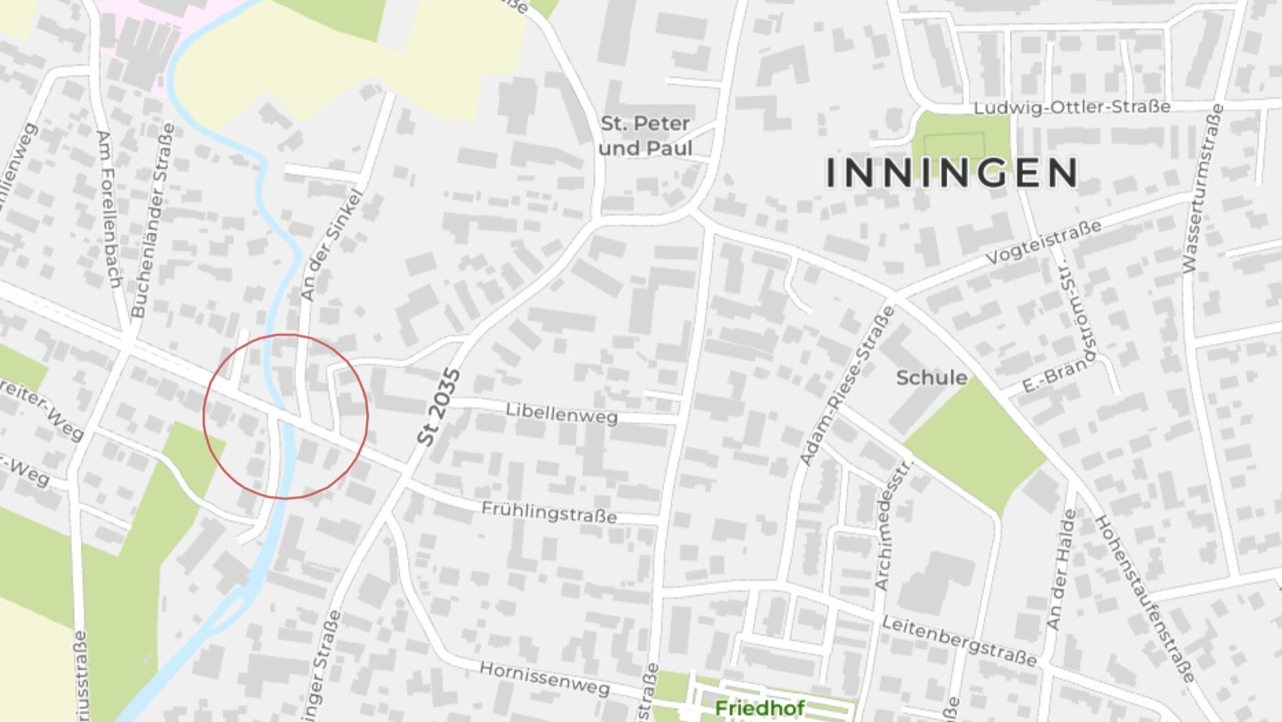Ausschnitt aus dem Stadtplan. Die Singoldbrücke ist mit einem roten Kreis markiert