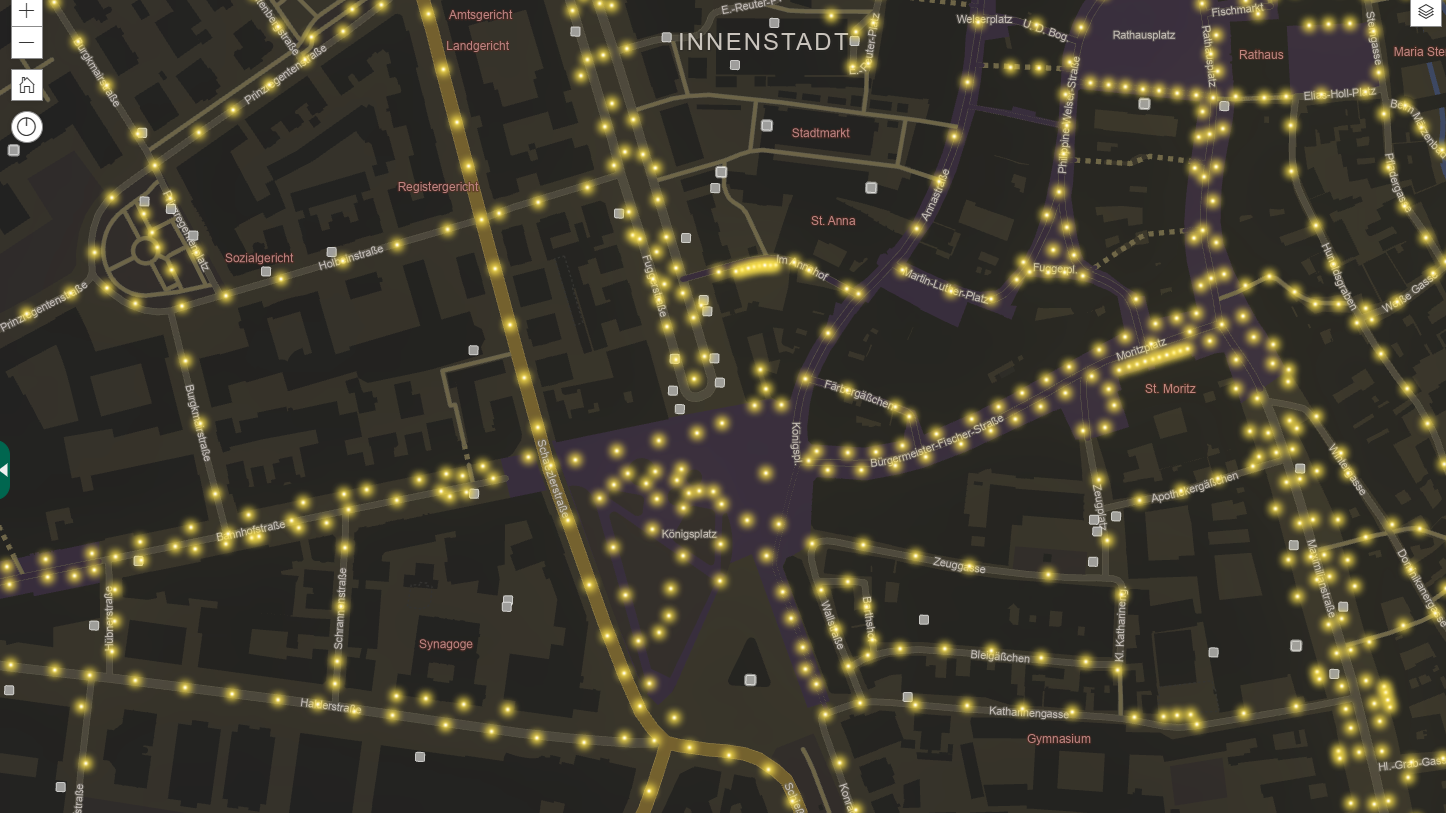 Ein Bildschirmfoto eines Stadtplans mit gelben Punkten, die für Laternen stehen.