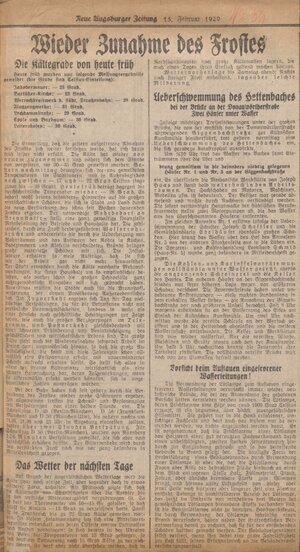  Pressemeldungen über die extremen Witterungsverhältnisse des „Eiswinters“ 1929 (Auswahl); Februar 1929; Zeitungsausschnitte, Papier, diverse Formate; Stadtarchiv Augsburg, HAV, Aktengebiet 3 (Bauwesen) – Bestand 45, Nr. 666.