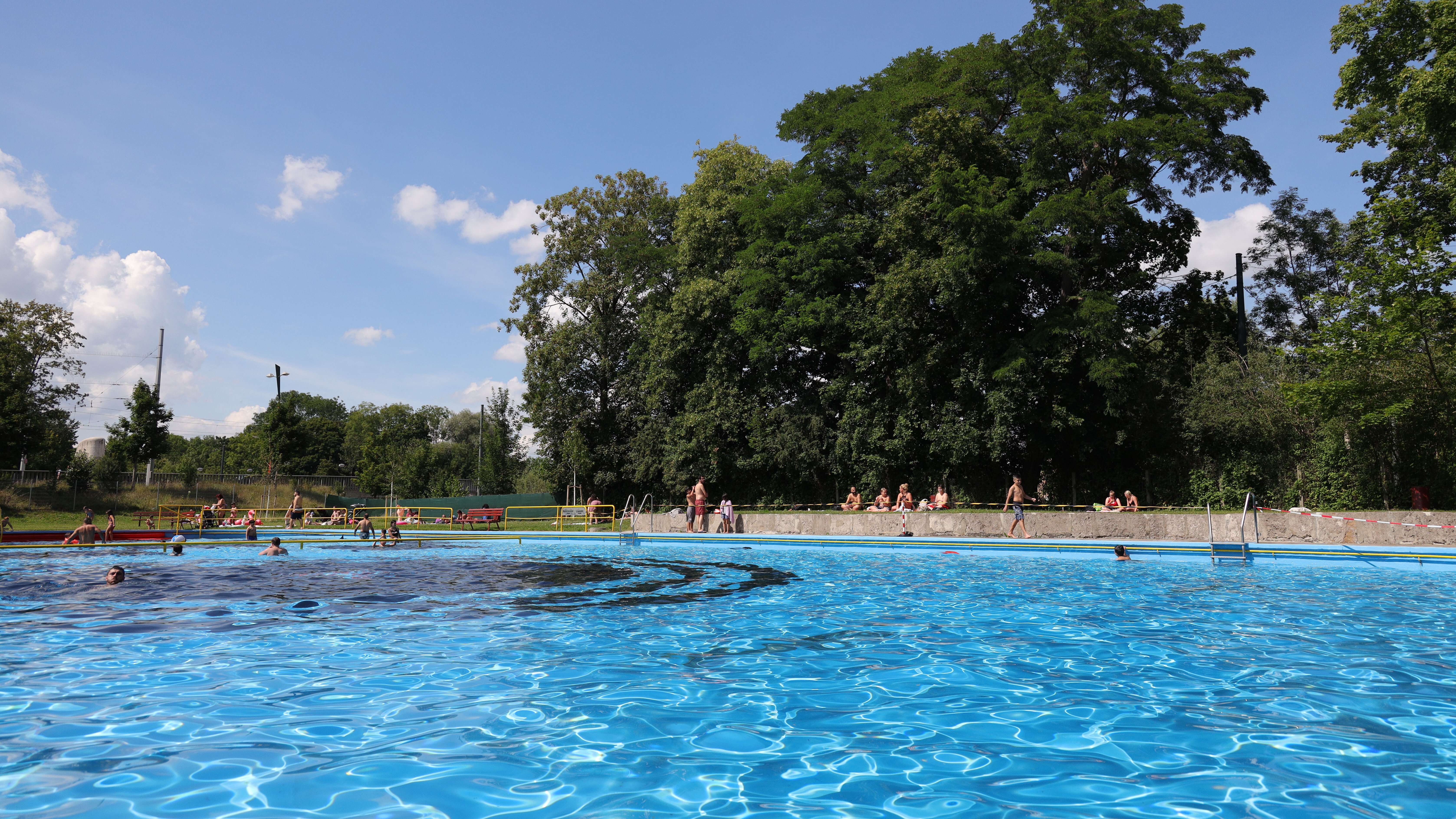 Blaues Schwimmbecken im Hintergrund Bäume und fast wolkenloser Himmel.