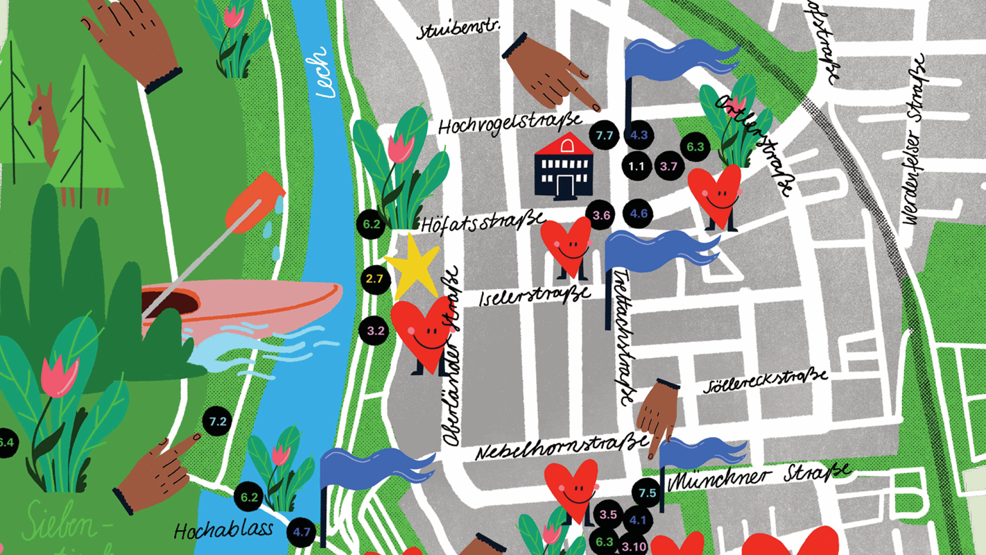 Das Bild zeigt einen Ausschnitt vom Stadtteilplan Hochzoll. Er ist bunt und verspielt,  z.B. zeigen Herzen die Lieblingsorte von Kindern