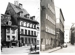 Die Räumlichkeiten der Volksschule Bei den Barfüßern befanden sich an der Kreuzung von Mittlerem Graben (links) und Pilgerhausgasse (rechts). Die Schule wurde im Februar 1944 vollständig zerstört.  Stadtarchiv Augsburg, Fotosammlung FA C 3313 / FA C 3317