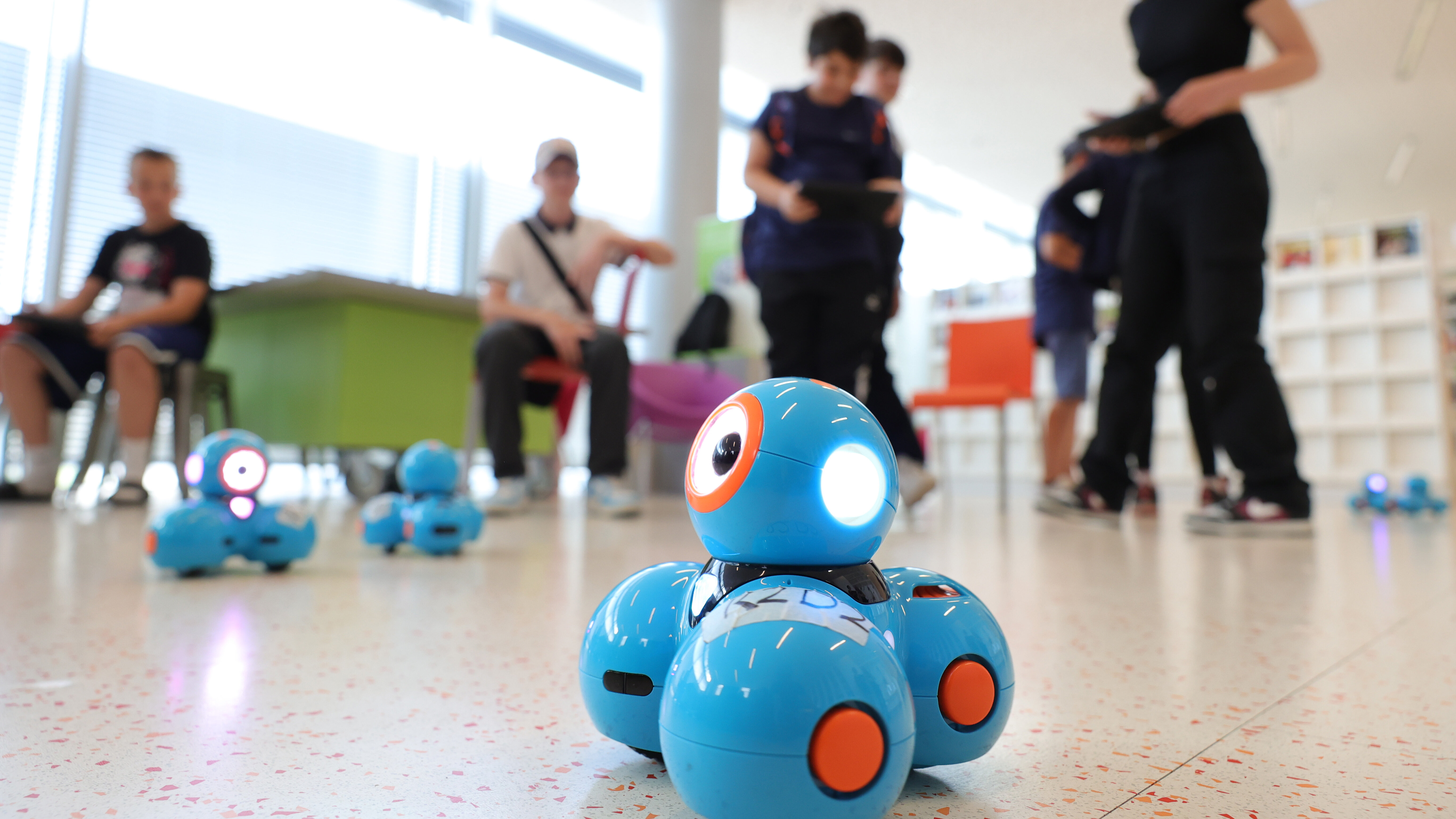 Kleine Roboter fahren auf dem Boden. Im Hintergrund sind Leute