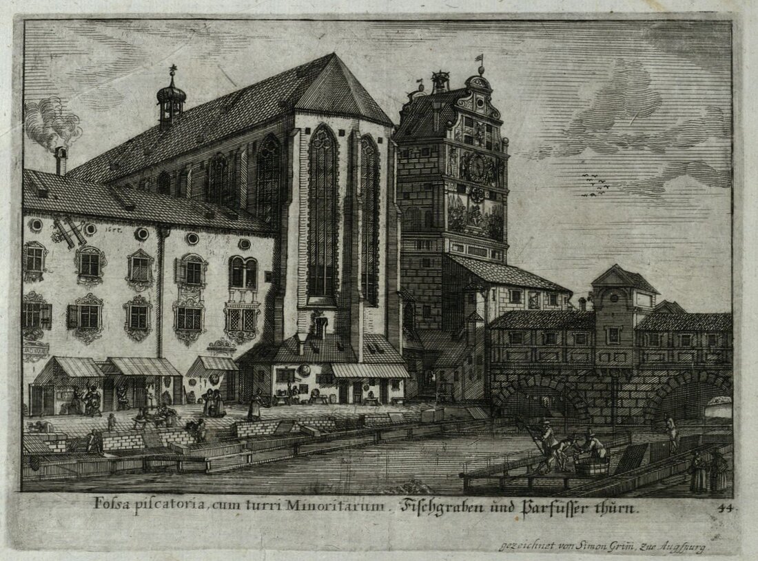 Ansicht des Fischgrabens bei der Barfüßerkirche; Simon Grimm, 1677; Kupferstich-Sammlung mit modernem Pappeinband, 19 cm h x 31 cm b, 54 Bl. + Nachträge – hier Bl. 44; Stadtarchiv Augsburg, Bibliothek, AB I 13 570.