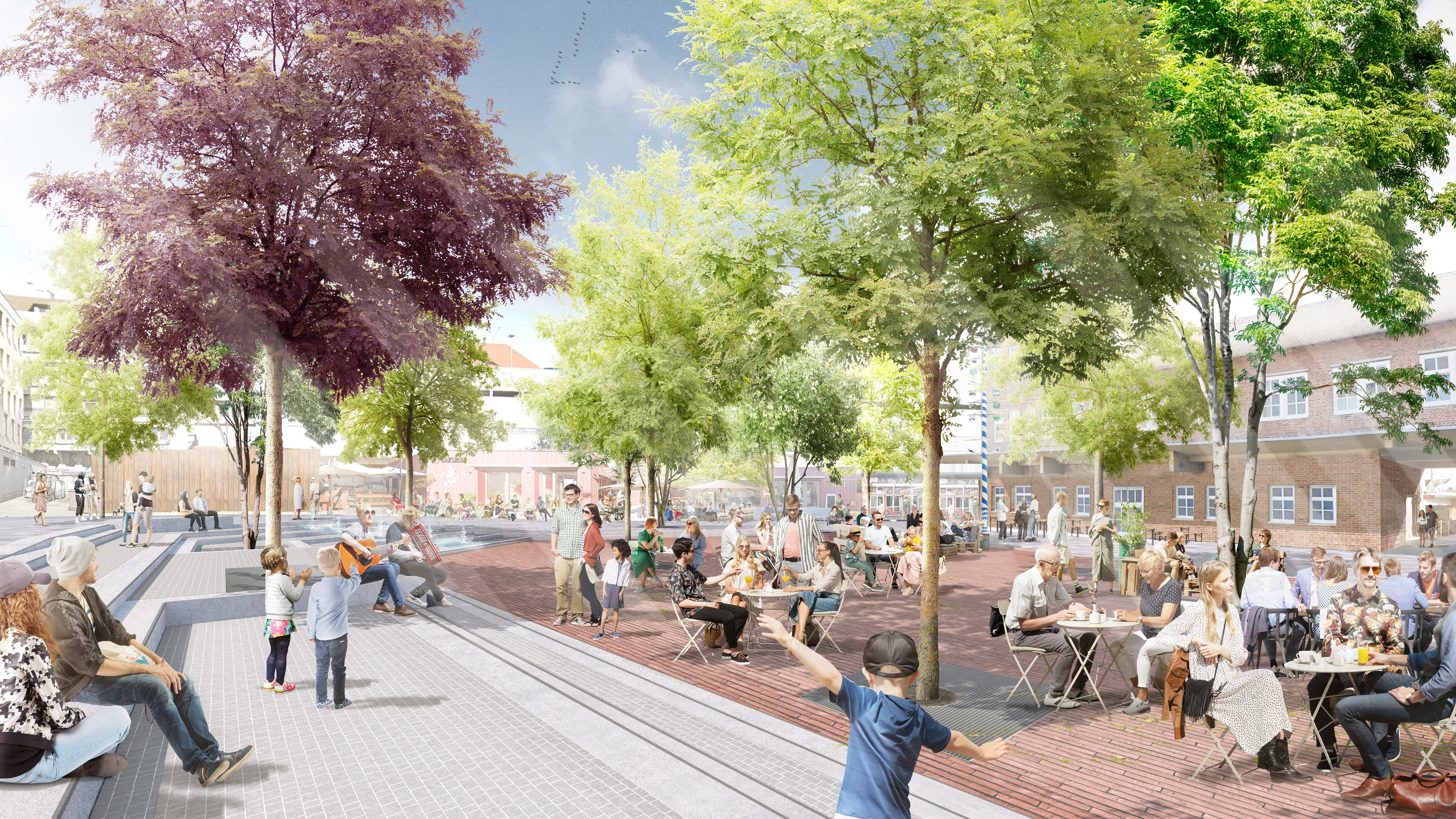 Eine Computer-Grafik zeigt den künftigen Baunermarkt mit Sitzstufen, Bäumen und einem Brunnen