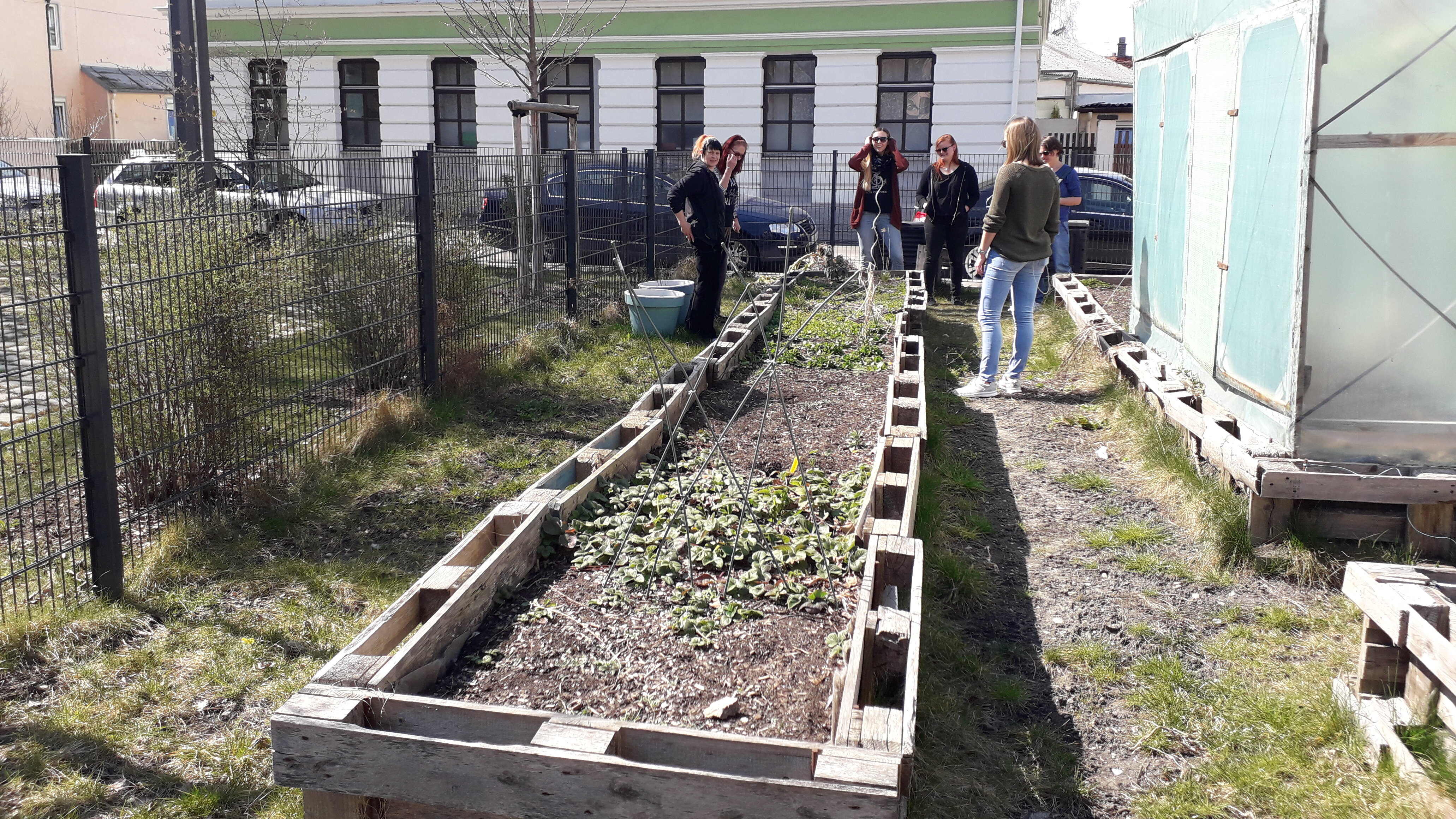 In einem Garten stehen 7 oder 8 Leute