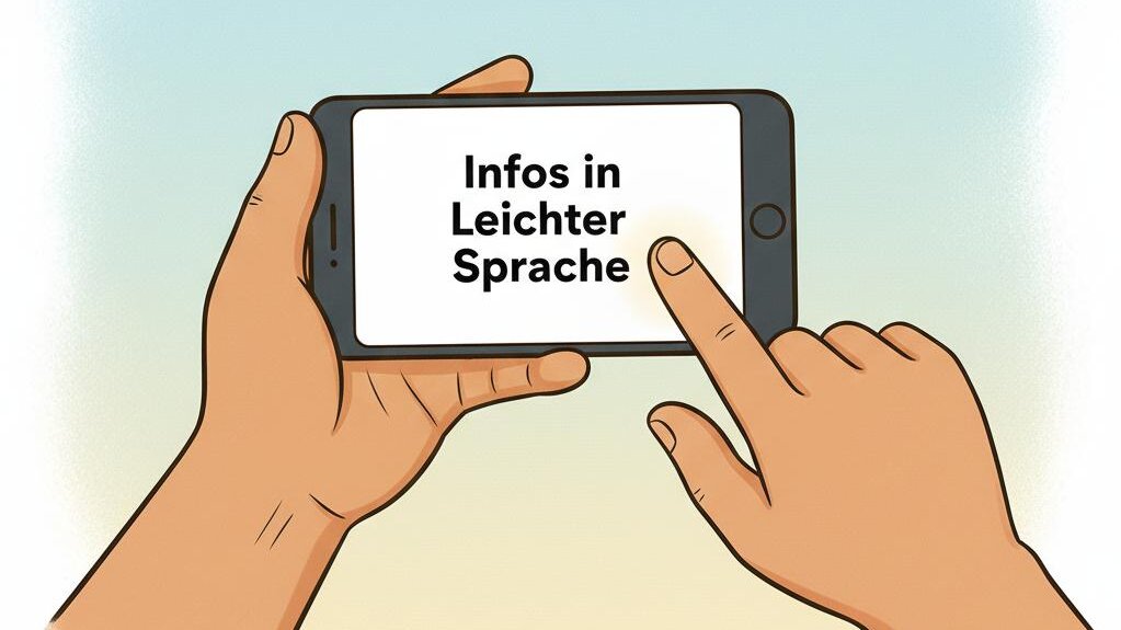 Das Bild zeigt zwei Hände, die ein Handy halten. Auf dem Handybildschirm stehe Infos in Leichter Sprache