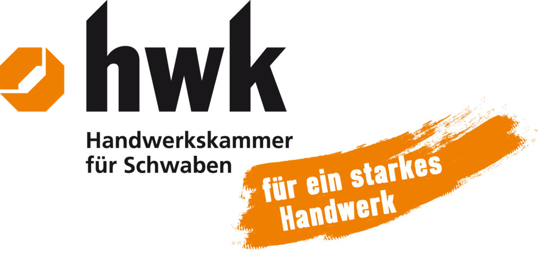 Schriftzug hwk Handwerkskammer für Schwaben. Schräf darunter vor einem orangenen Farbzu: für ein starkes Handwerk