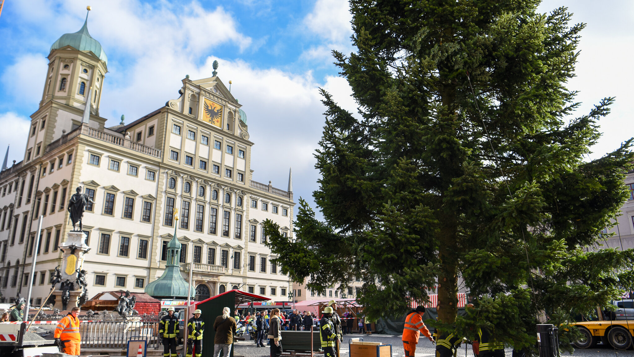 Auf dem Rathausplatz steht eine riesige Tanne. Im Hintergrund ist das Rathaus zu sehen