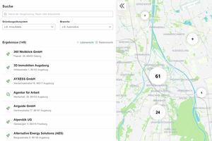 Screenshot der Gründungsmap mit links den Filtern Gründungsökosystem und Branche, rechts einer Landkarte mit Pins