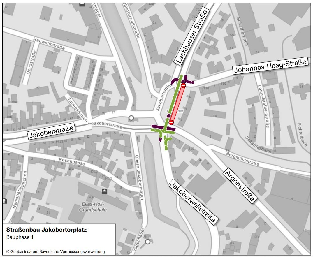 Eine Straßenkarte zeigt den Verlauf der Verkehrsführung am Jakobertorplatz