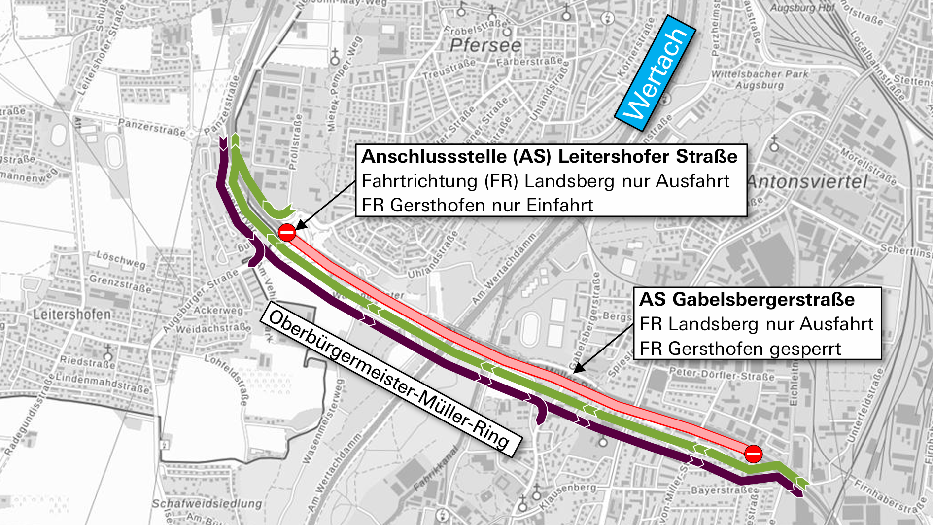 Straßenkarte der B17. Es ist eine Sperrung eingezeichnet.