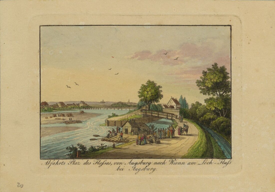 Augsburger Floßländeplatz für die „Ordinari-Fahrten“ nach Wien; Franz Thomas Weber, undatiert; [um 1820]; kolorierter Druck, Papier, 19,5 cm h x 26 cm b; Staats- und Stadtbibliothek Augsburg, Graph. 17-11, Blatt 38.