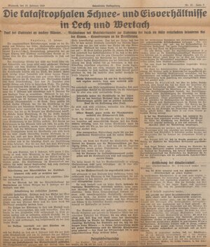  Pressemeldungen über die extremen Witterungsverhältnisse des „Eiswinters“ 1929 (Auswahl); Februar 1929; Zeitungsausschnitte, Papier, diverse Formate; Stadtarchiv Augsburg, HAV, Aktengebiet 3 (Bauwesen) – Bestand 45, Nr. 666.