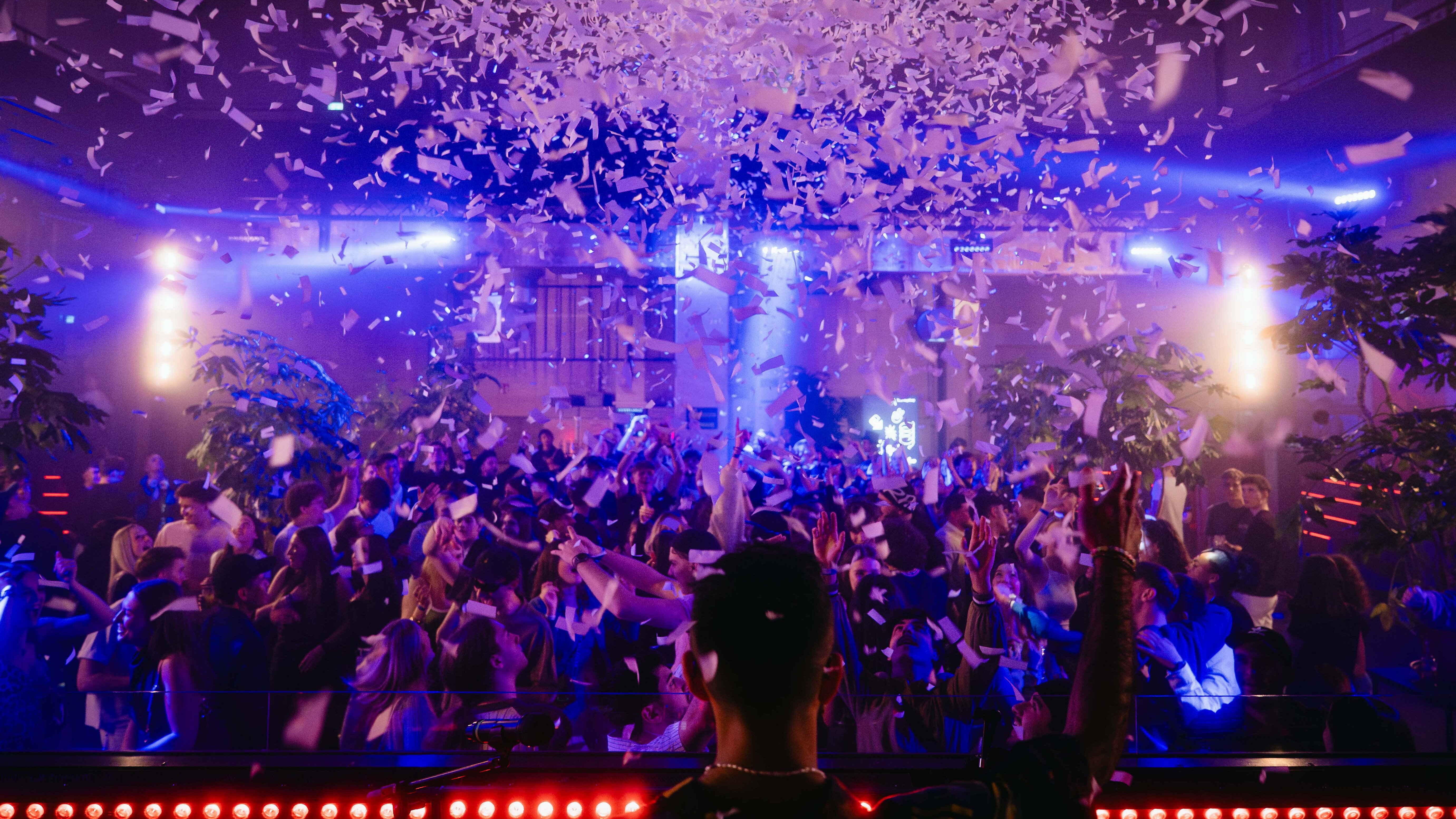 Eine Menschenmenge feiert im Club. Über Ihnen ist ein Konfettiregen zu sehen