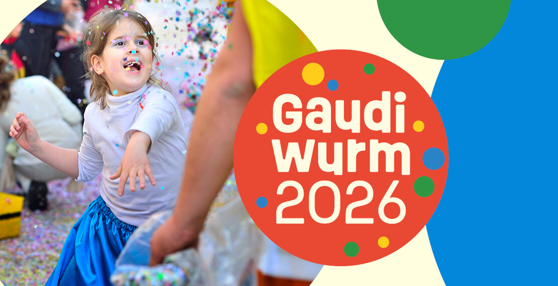 Links ein Konfetti werfendes Mädchen, rechts ein Logo "Gaudiwurm 2026" im Kreis