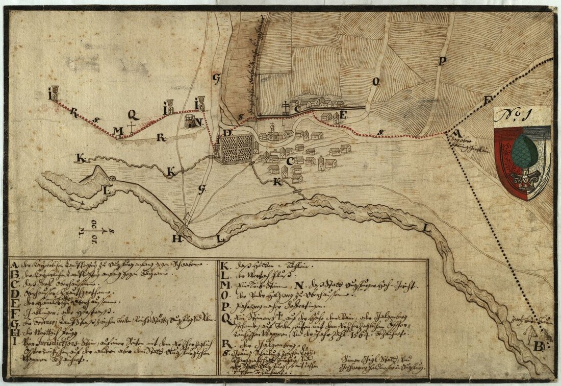 Jurisdiktionskarte mit Darstellung der Augsburger Richtstätte und der Hochgerichtsgrenzen bei Oberhausen; undatiert [1. Hälfte 18. Jh.]; aquarellierter Plan, Papier, 30 cm h x 44 cm b; Stadtarchiv Augsburg, KPS 1920.