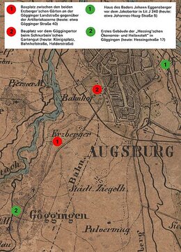 Auf einem Plan aus der Mitte des 19. Jahrhunderts zeigen die grünen Punkte die tatsächlichen Standorte der Hessing´schen Heilanstalten, die roten Punkte die von Hessing favorisierten Bauplätze. Stadtarchiv Augsburg, KPS 1067.