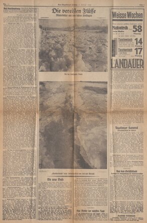  Pressemeldungen über die extremen Witterungsverhältnisse des „Eiswinters“ 1929 (Auswahl); Februar 1929; Zeitungsausschnitte, Papier, diverse Formate; Stadtarchiv Augsburg, HAV, Aktengebiet 3 (Bauwesen) – Bestand 45, Nr. 666.