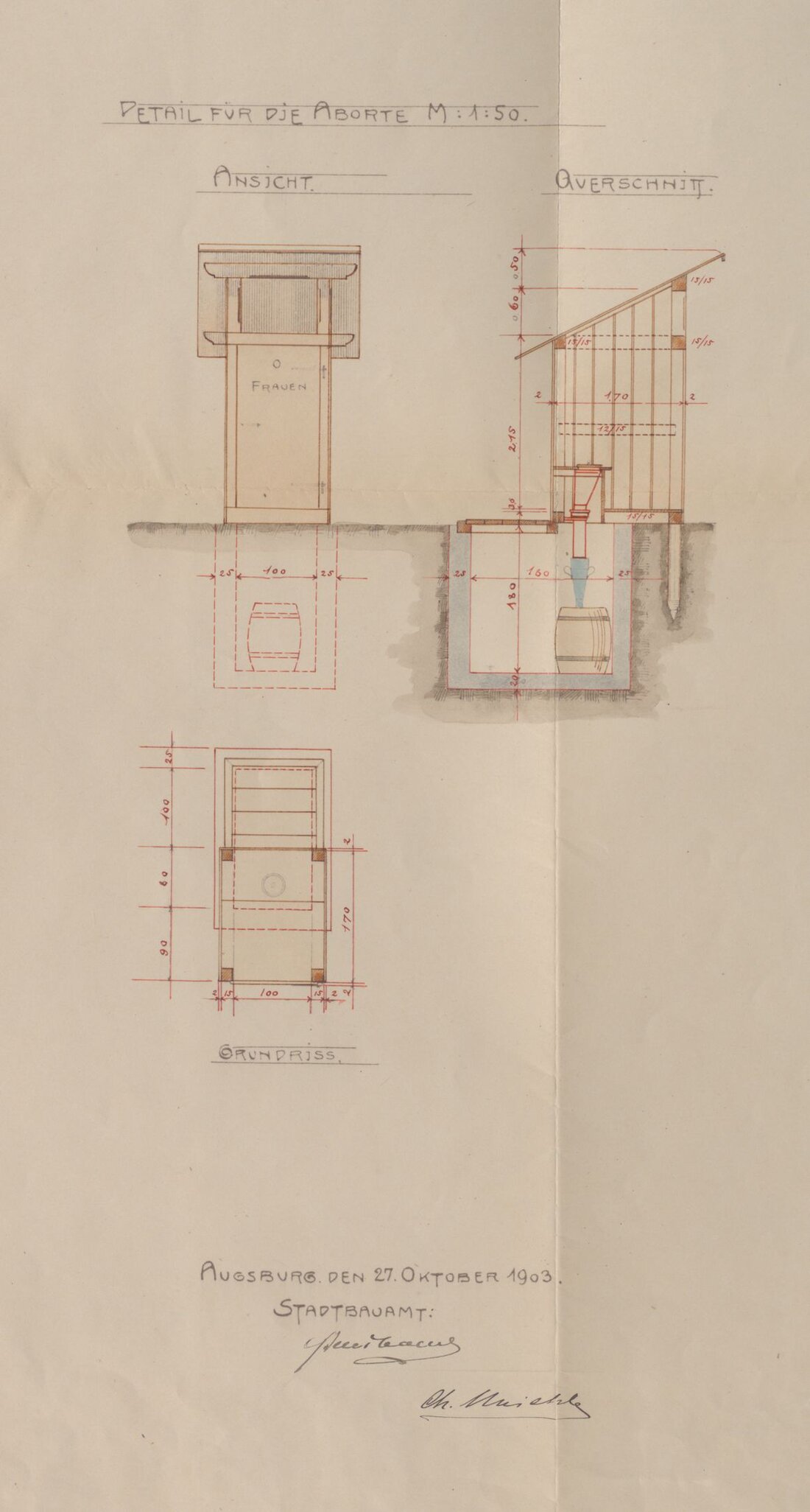 Plan einer Fäkaltonnenanlage; 1903; kolorierte Federzeichnung, Papier, 54 cm h x 27 cm b (Reprografie: 37 cm h x 20 cm b); Stadtarchiv Augsburg, HAV, Aktengebiet 4 (Wirtschaft) – Bestand 34, Nr. 820.