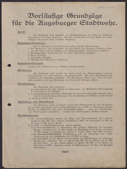 Vorläufige Statuten der Augsburger Stadtwehr. Mai 1919. Stadtarchiv Augsburg, Nachlass Pfaff August, Nr. 6.