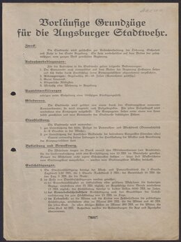 Vorläufige Statuten der Augsburger Stadtwehr. Mai 1919. Stadtarchiv Augsburg, Nachlass Pfaff August, Nr. 6.