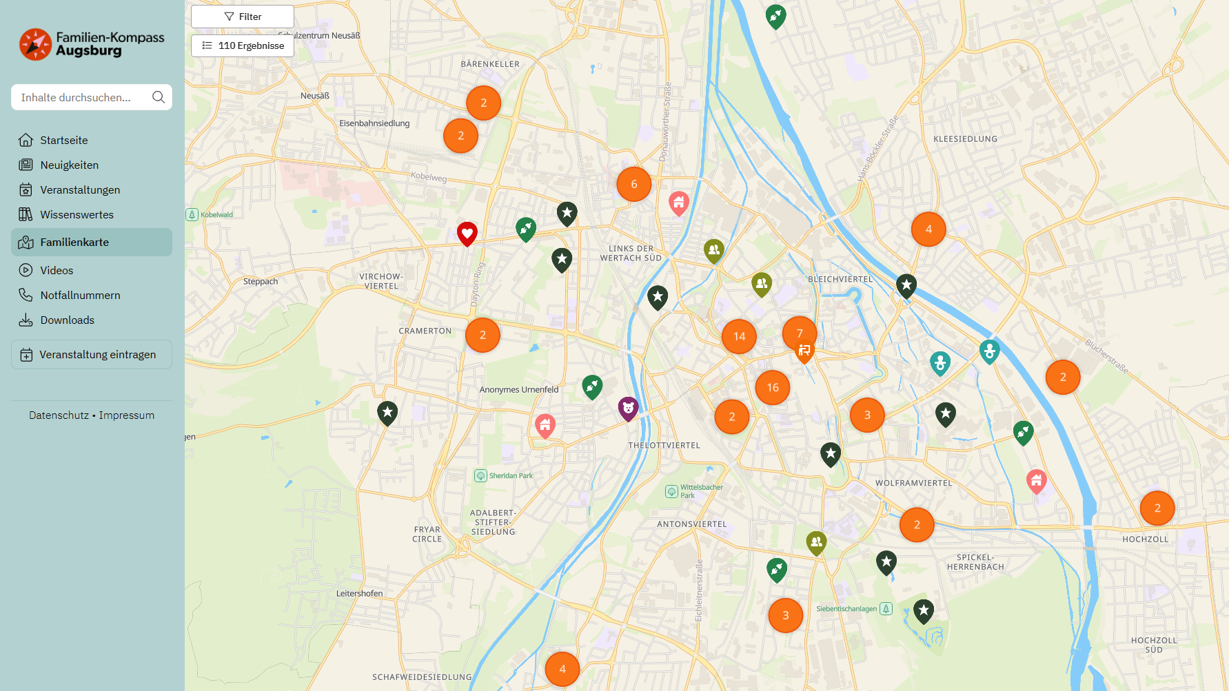 Screenshot einer Stadtkarte von Augsburg mit verschiedenen Symbolen.