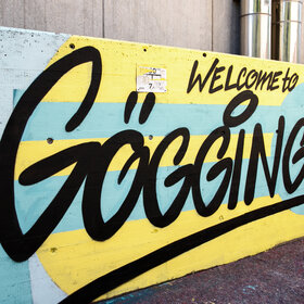 Welcome  to Göggingen auf eine Wand gesprüht