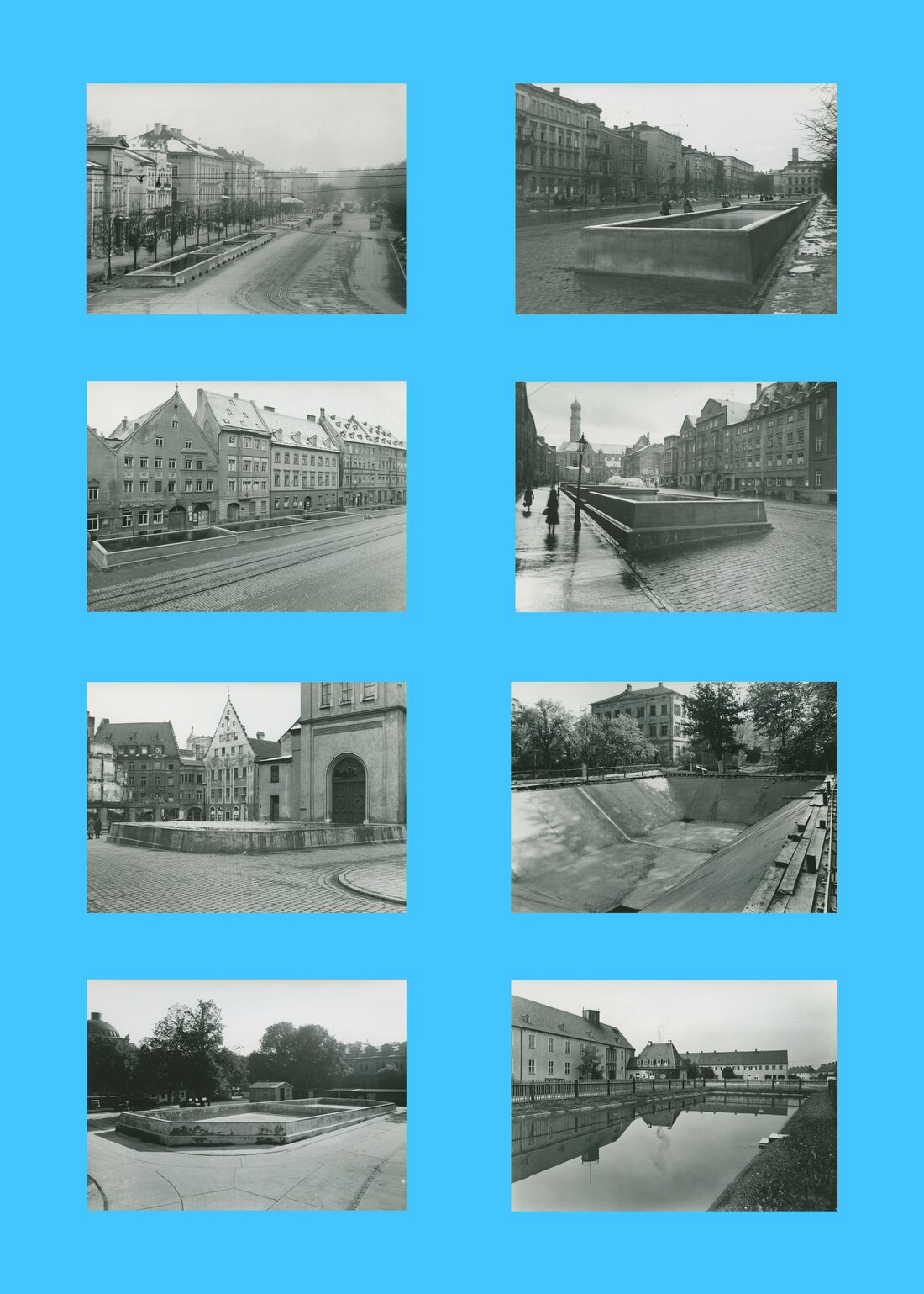 Löschwasserbassins in der Augsburger Innenstadt und in den Vororten; Foto 1, 2: Fuggerstraße; Foto 3, 4: Maximilianstraße; Foto 5: Moritzplatz; Foto 6: Frohsinn- / Schießgrabenstraße; Foto 7: Halderstraße; Foto 8: Bärenkeller; undatiert [ca. 1944]; Fotografien, schwarzweiß, Papierabzüge, 13 cm h x 18 cm b; Stadtarchiv Augsburg, FS FA A 1063, 1067, 1068, 1070, 1071, 1073, 1075, 1076.