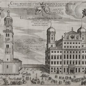 Eine historische Zeichnung von Perlachturm und Rathaus