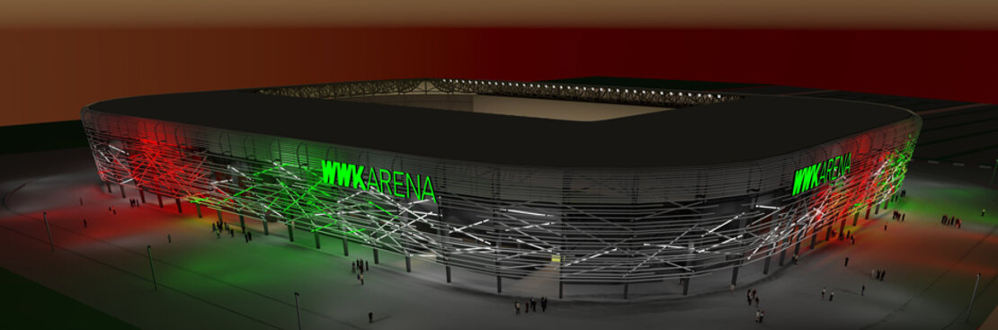So soll die WWK Arena ab Frühjahr 2017 aussehen. Grafik: Bernhard & Kögl Architekten, Zumtobel Lighting GmbH
