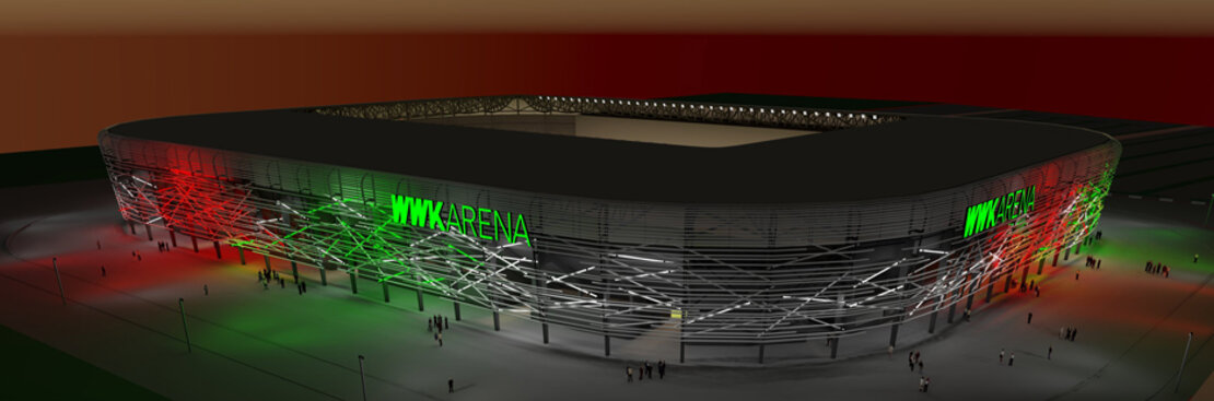 So soll die WWK Arena ab Frühjahr 2017 aussehen. Grafik: Bernhard & Kögl Architekten, Zumtobel Lighting GmbH So soll die WWK Arena ab Frühjahr 2017 aussehen. Grafik: Bernhard & Kögl Architekten, Zumtobel Lighting GmbH