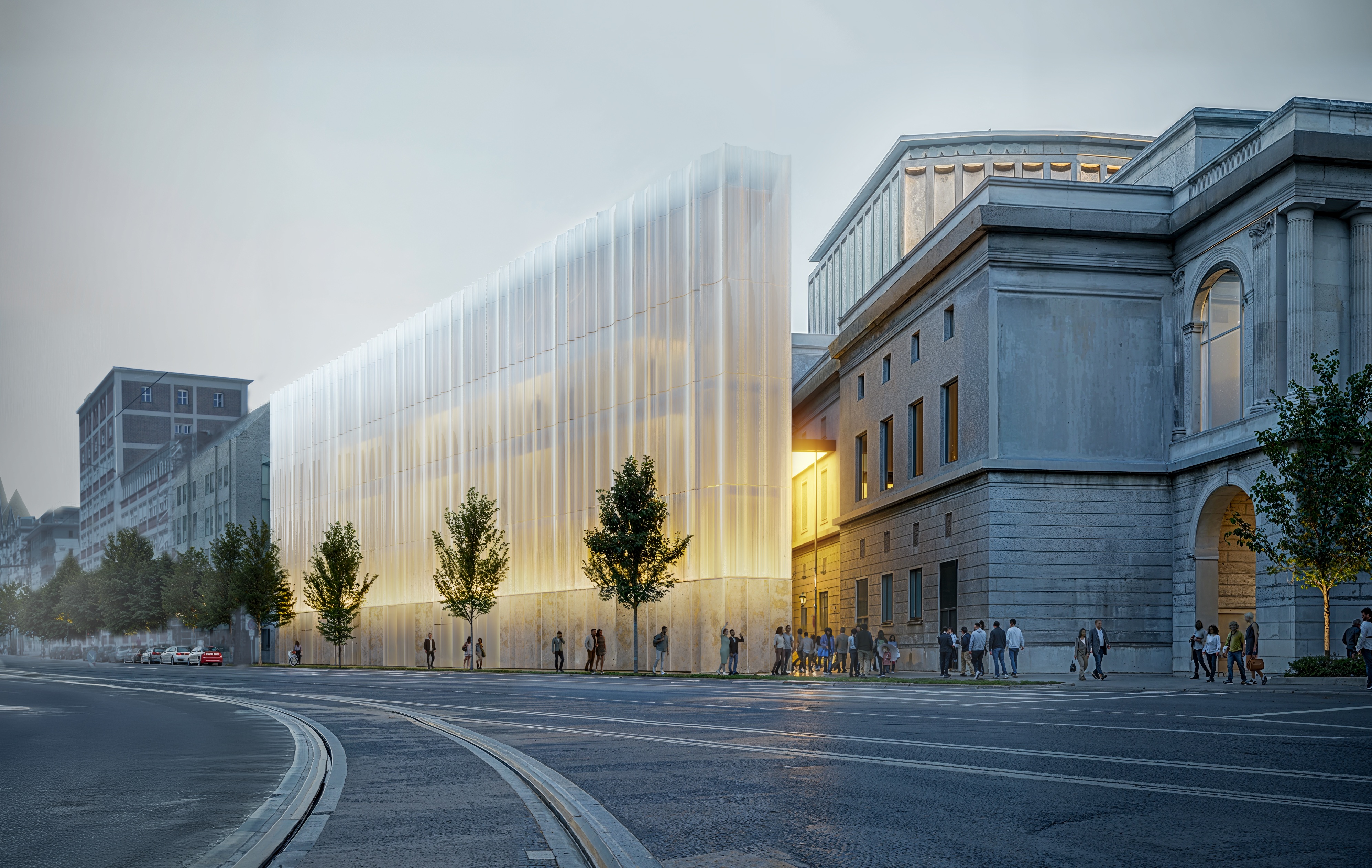 Eine Grafik zeigt ein dreieckiges Gebäude mit einer Fassade aus Glas neben dem Staatstheater.