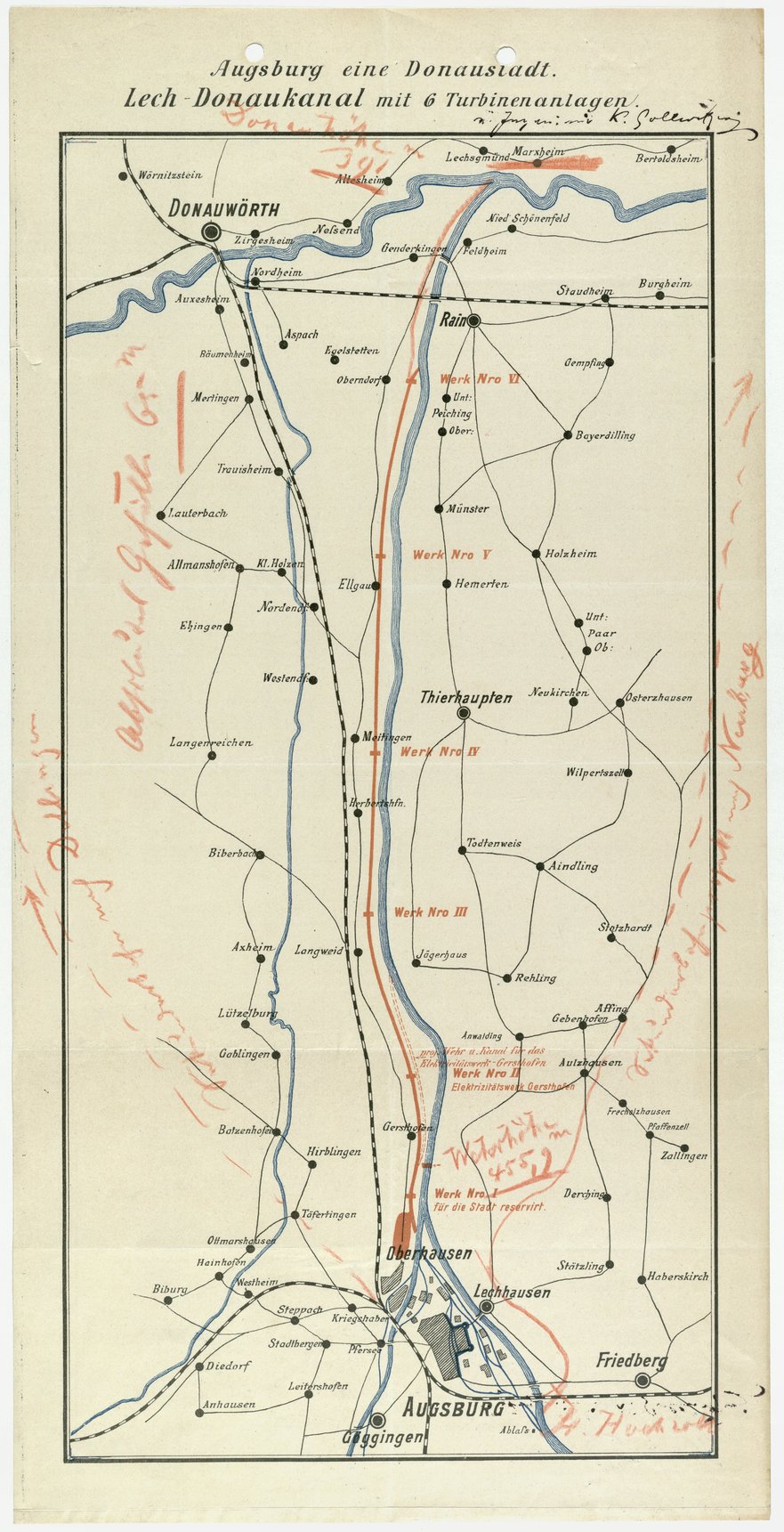 Projekt eines Lech-Donaukanals zwischen Augsburg und Rain am Lech; Karl Albert Gollwitzer, undatiert [1894]; Druck, Papier mit farbigen handschriftlichen Einträgen, 43 cm h x 21,5 cm b; Stadtarchiv Augsburg, KPS 2143.