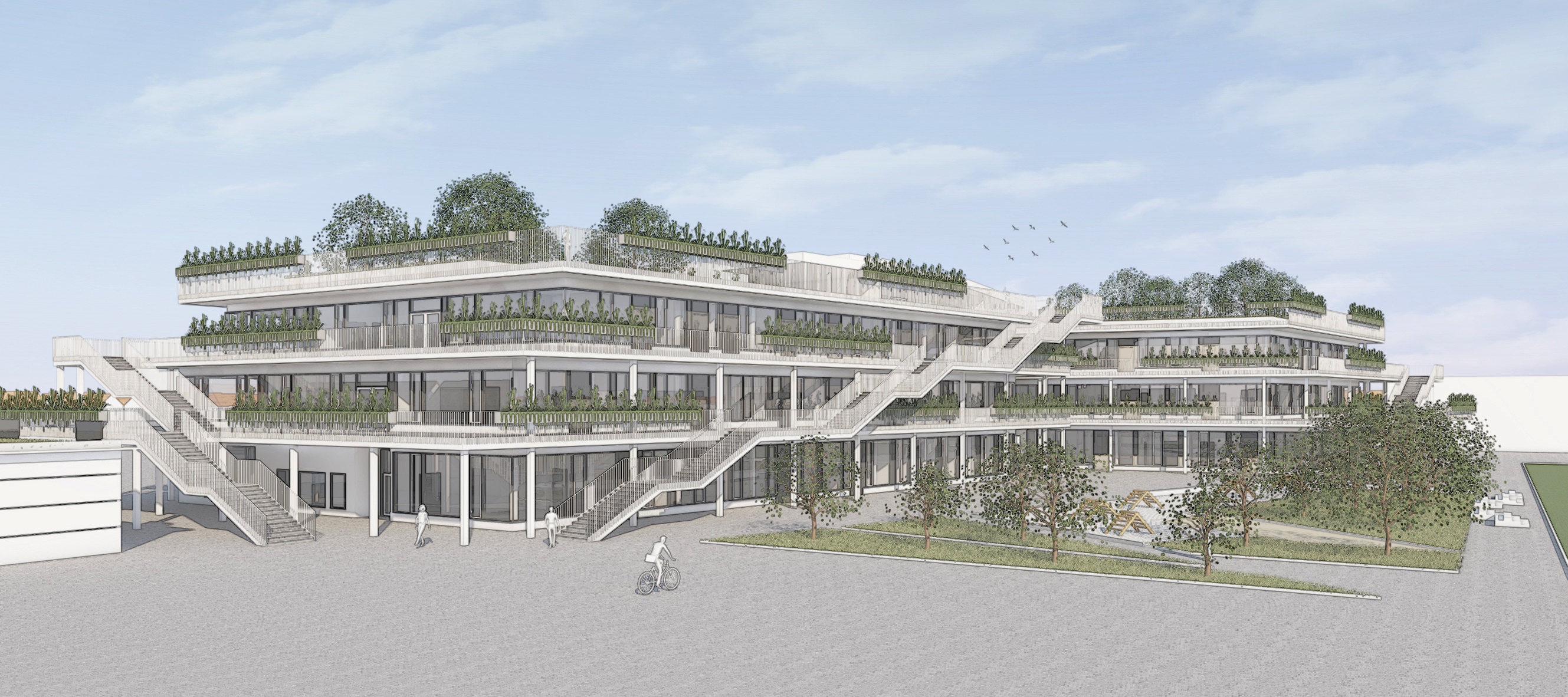 Eine grafische Zeichnung zeigt die Außenansicht des geplanten Neubaus der Johann-Strauß-Grundschule.