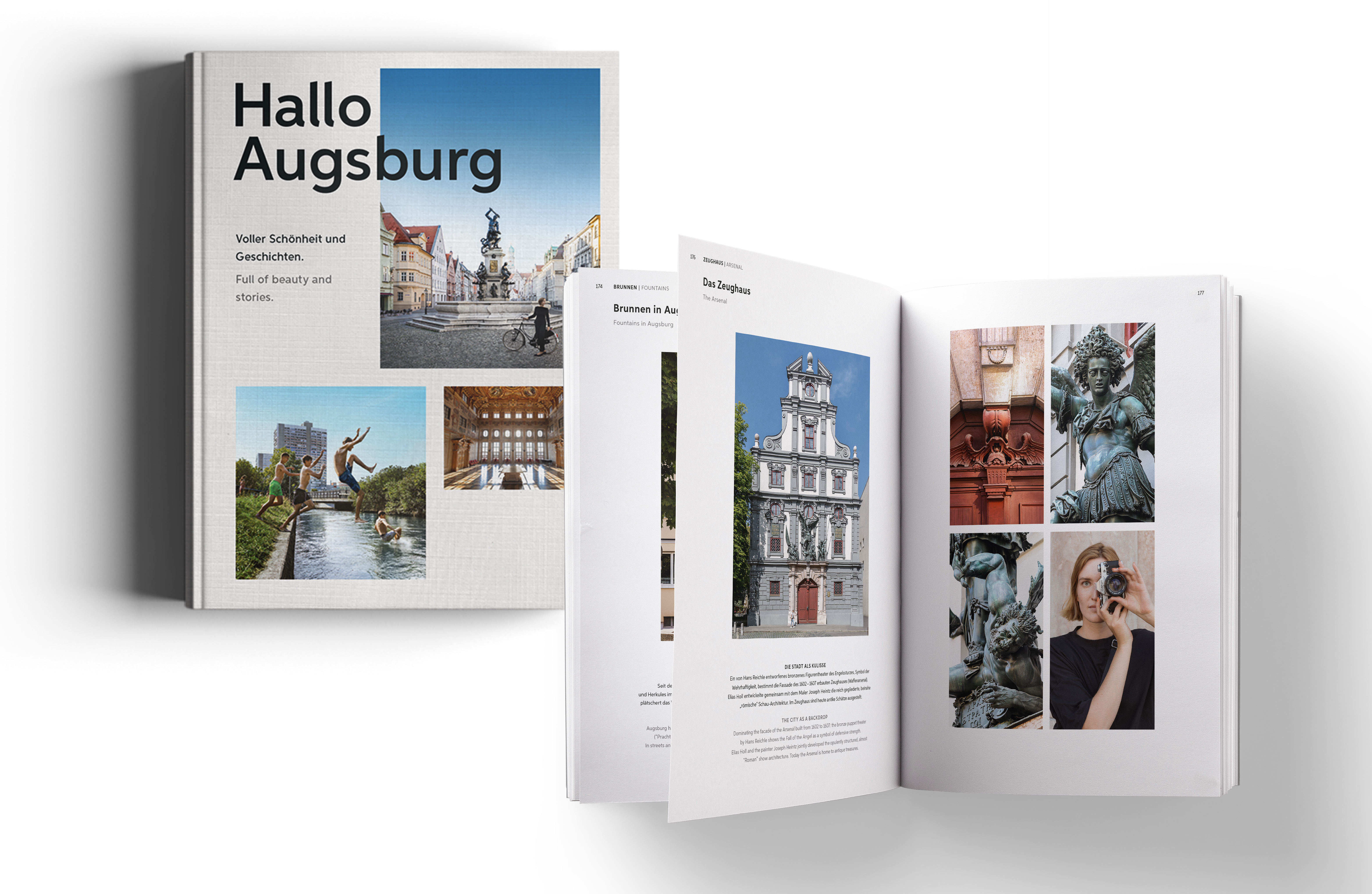 Das Bild zeigt die Vorderseite und zwei Innenseiten des Buchs mit vielen Fotos aus Augsburg