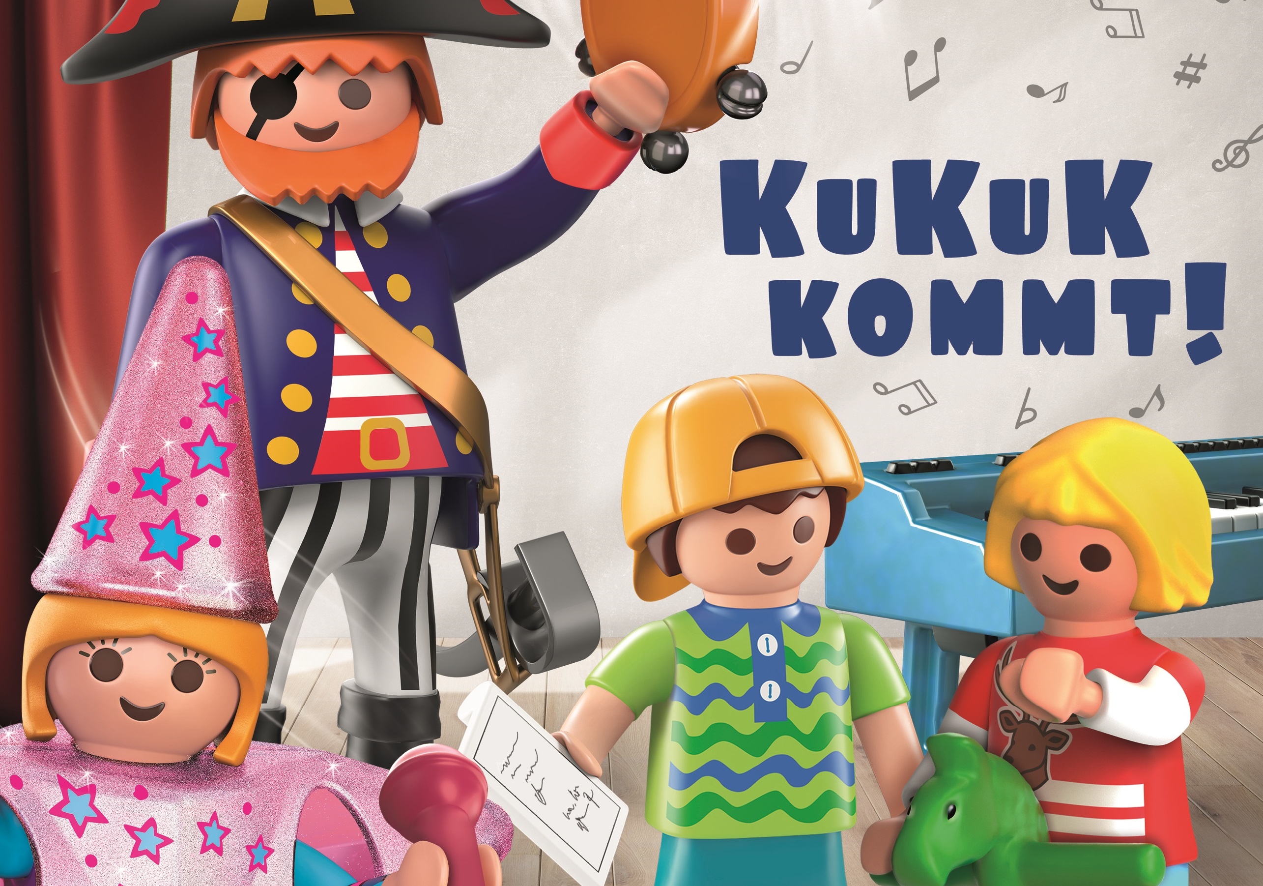 verkleidete Playmobilfiguren mit den Spielzeugen Mikrofon, Steckenpferd und Tambourin. Mit dem Text: " Kukuk kommt!"
