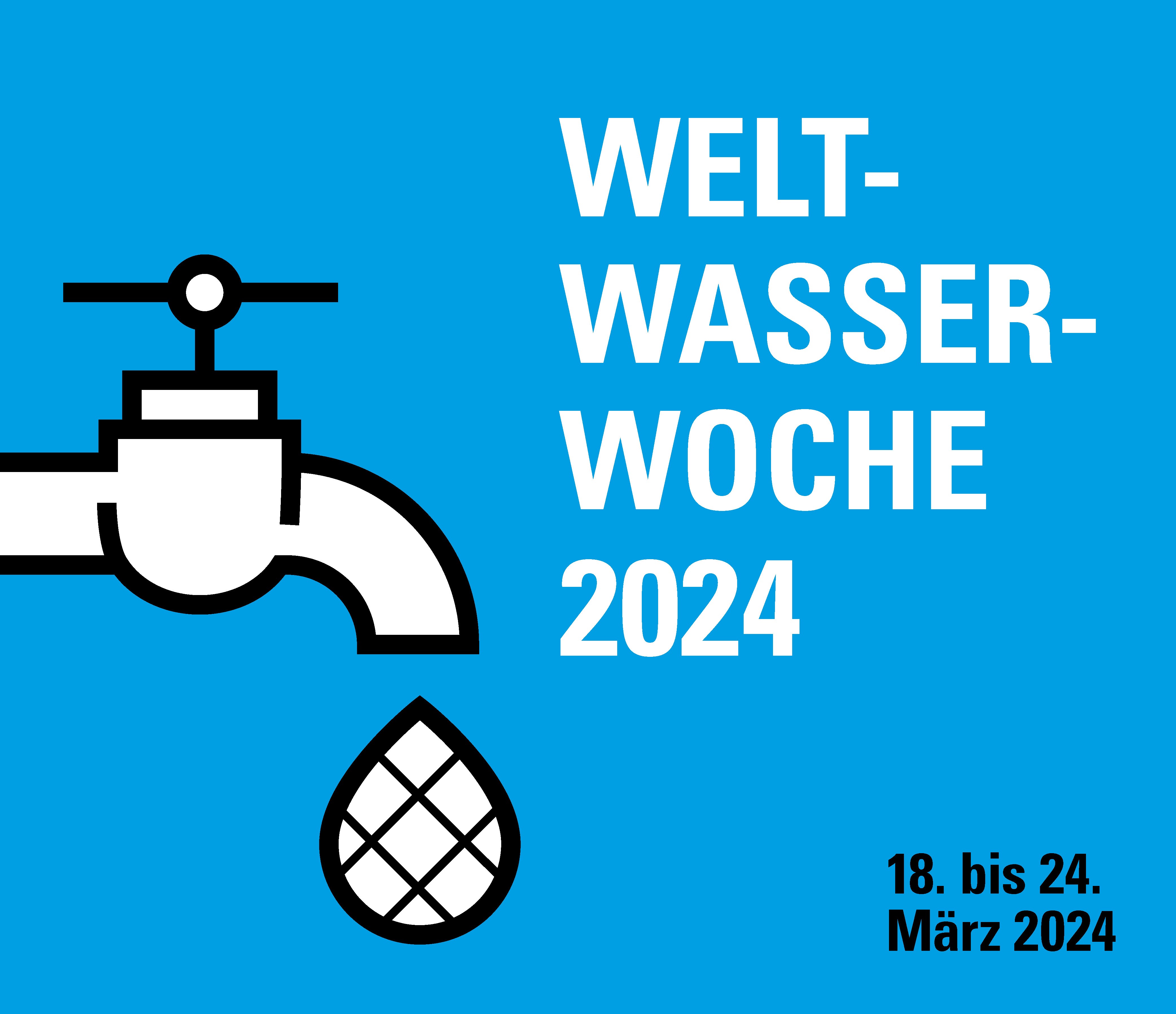 Grafik mit einem Wasserhahn, aus dem eine Zirbelnuss als Tropfen kommt. Aufschrift Weltwasserwoche 2024, 18. bis 24. März 2024