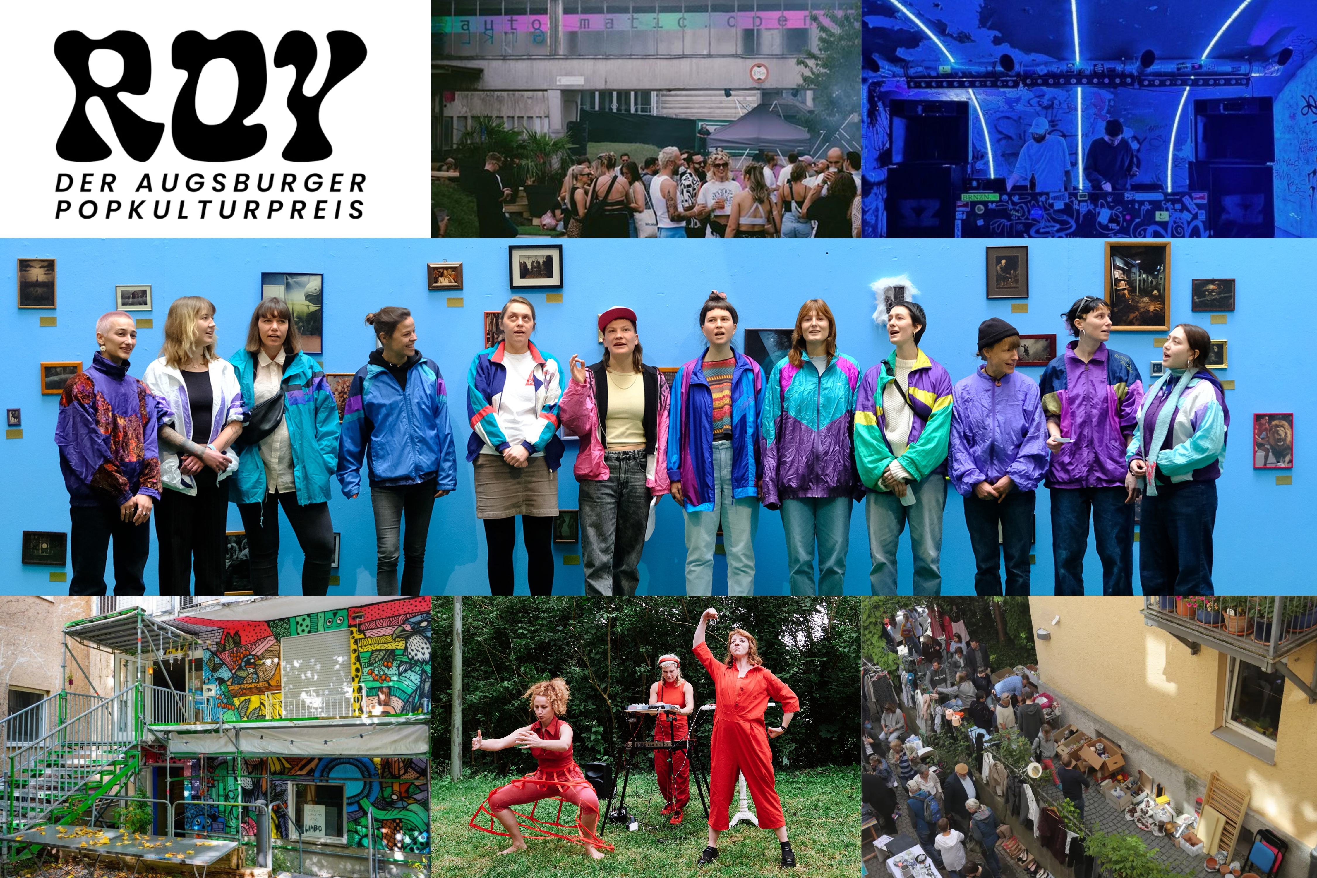 Collage mit Gruppenbild der Gewinner sowie Bildern ihrer künstlerischen Aktionen